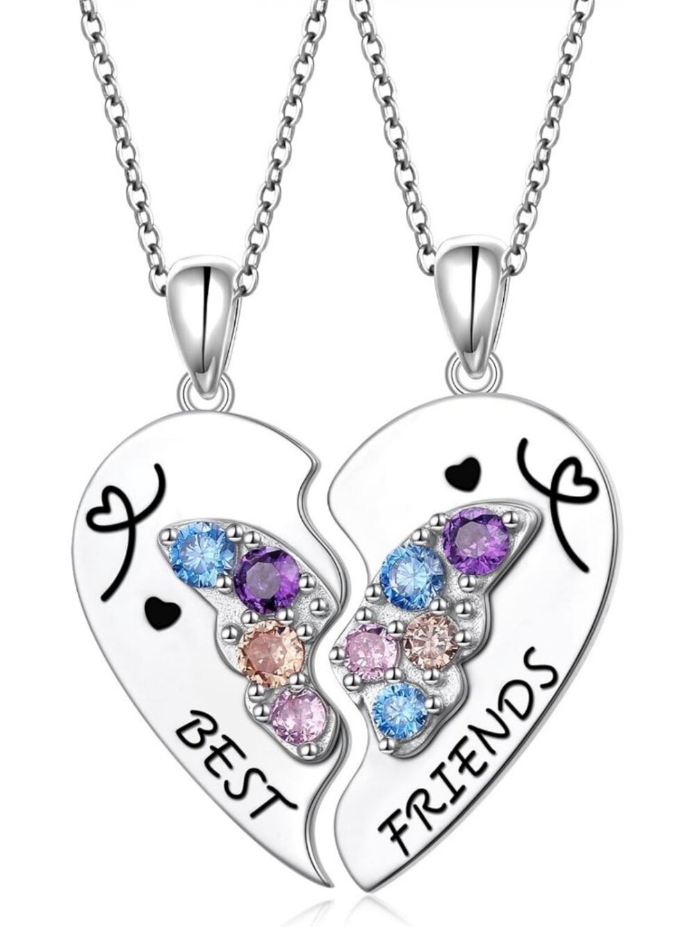 Sterling Silver S925 Best Friends Matching Heart Necklaces - Perfect Gift Set
